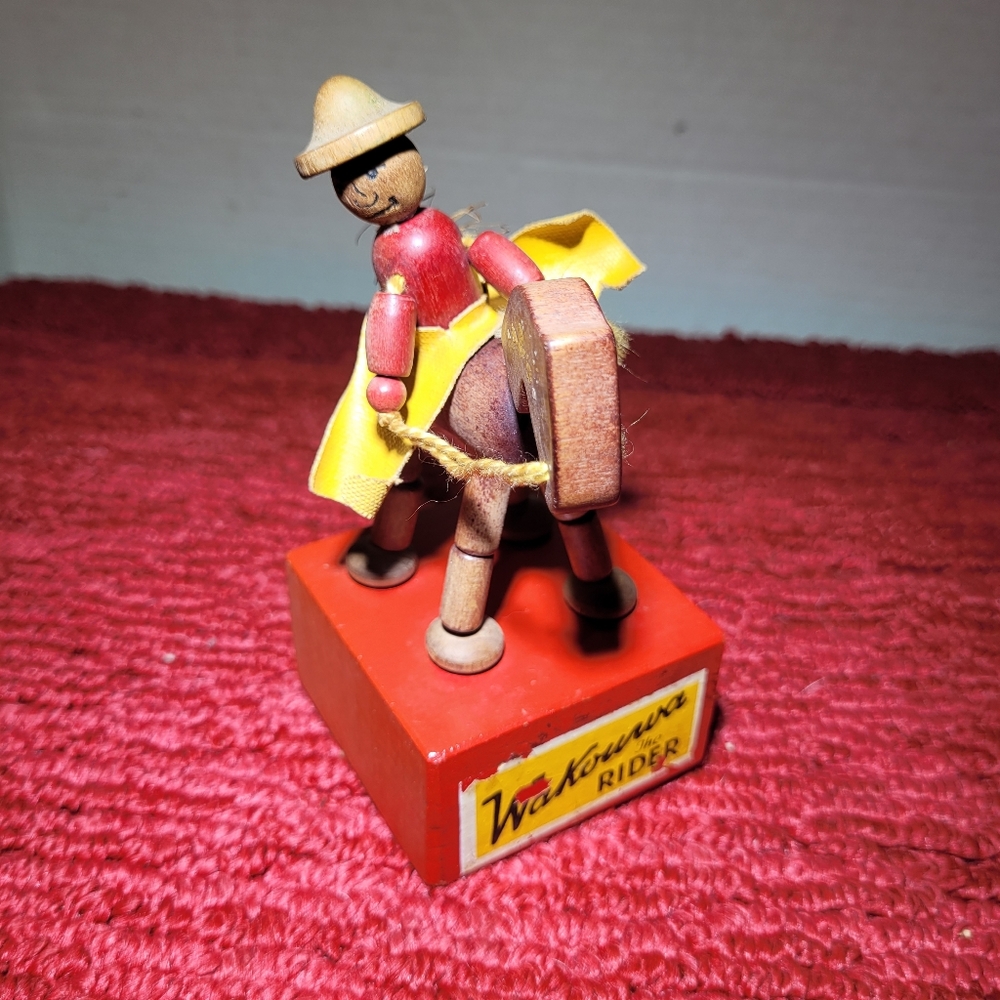 Vintage 1940's Wakouwa the Rider Cowboy on Horse Push Button Puppet Wooden Toy